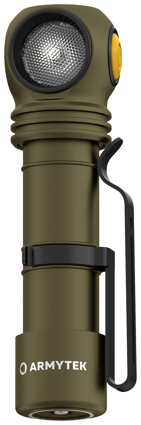 Une lampe de poche vert olive avec une tête coudée à 90 degrés et un clip latéral.