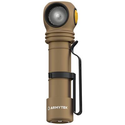 Lampe de poche marron avec clip latéral et bouton jaune sur la tête, fabriquée par Armtek.