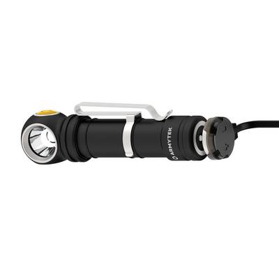 Lampe de poche en noir avec clip et bouton latéral. La tête est légèrement inclinée. Convient pour une utilisation en extérieur et au quotidien.
