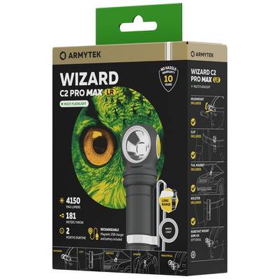 'Lampe de poche Wizard C2 Pro Max LR d'Armytek, 4150 lumens, portée de 181 mètres, rechargeable, avec accessoires.'