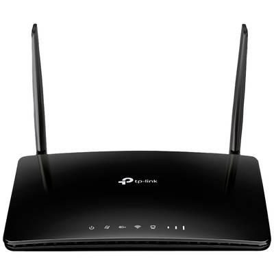 Un routeur Wi-Fi noir avec deux antennes sur une surface blanche. Le logo de la marque 'TP-Link' est visible sur la face avant.