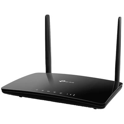 Routeur Wi-Fi noir avec deux antennes, plusieurs voyants LED à l'avant, représentant un appareil réseau domestique standard.