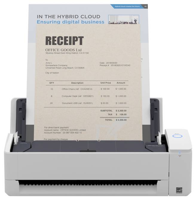 Un scanner de documents éjecte un reçu de 'Office Goods Ltd' indiquant les détails d'achat : des chaises de bureau et des fentes pour documents, pour un total de 1 936,90 $.