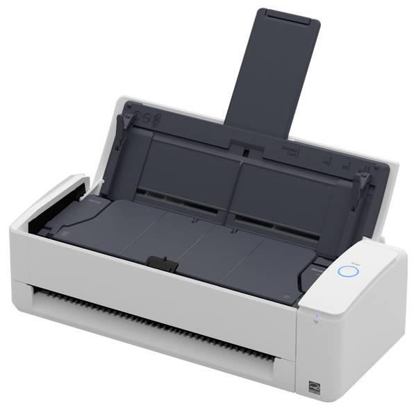 Un scanner à plat blanc avec le couvercle ouvert, montrant un intérieur sombre et des commandes sur le côté droit, prêt à numériser des documents.