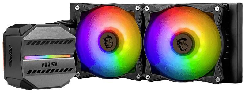 Système de refroidissement avec deux ventilateurs lumineux aux couleurs arc-en-ciel et un logo MSI. Adapté pour le refroidissement des composants informatiques.