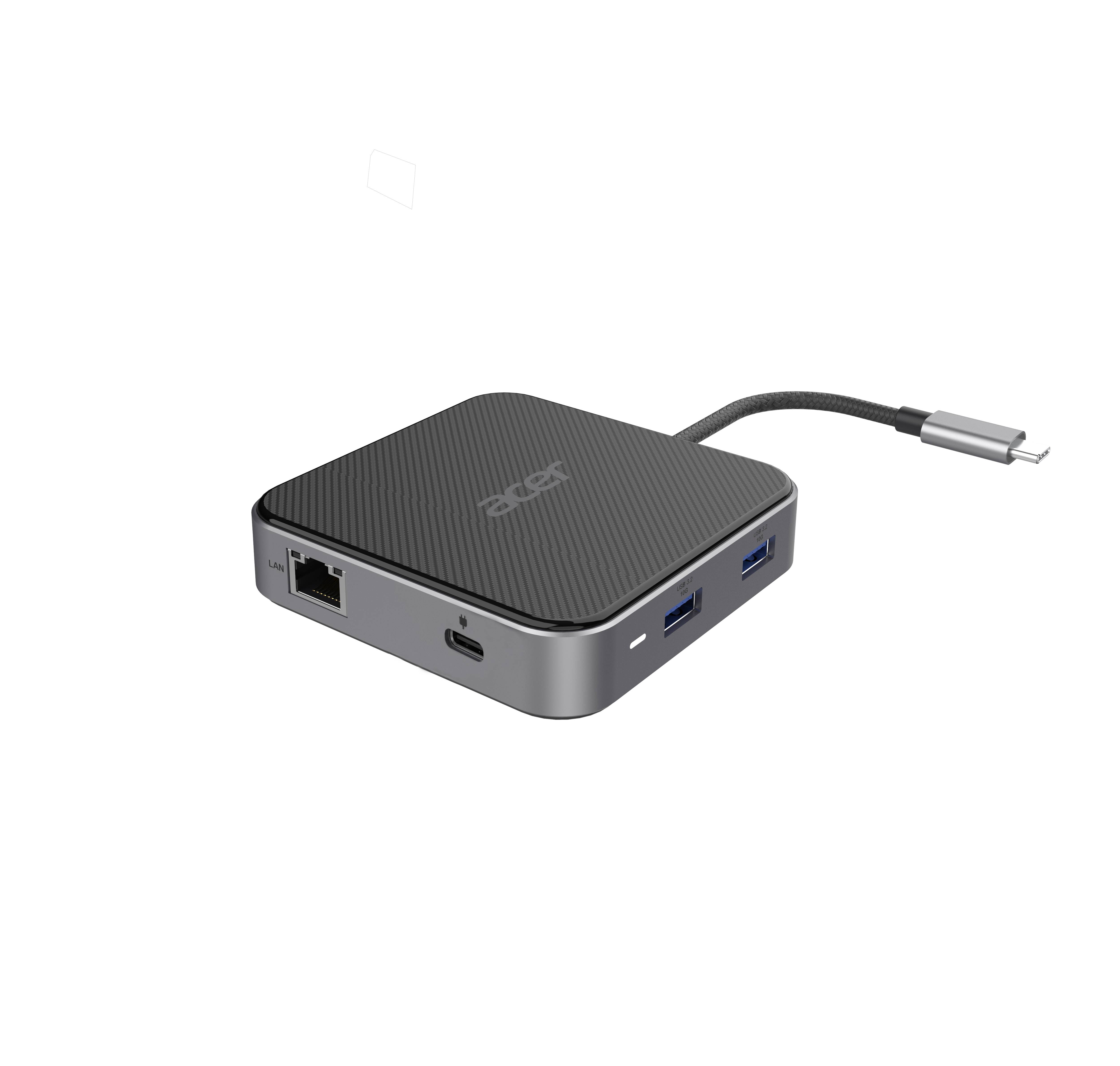 Un hub USB-C compact et carré avec plusieurs ports : Ethernet, USB-C et deux ports USB-A. Un câble est intégré.