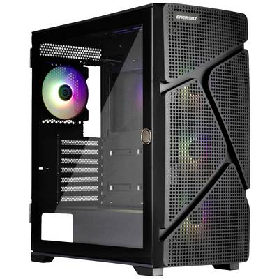 Boîtier de PC gaming avec panneau latéral transparent et ventilateur à éclairage LED. Le design est moderne et anguleux, idéal pour les gamers.