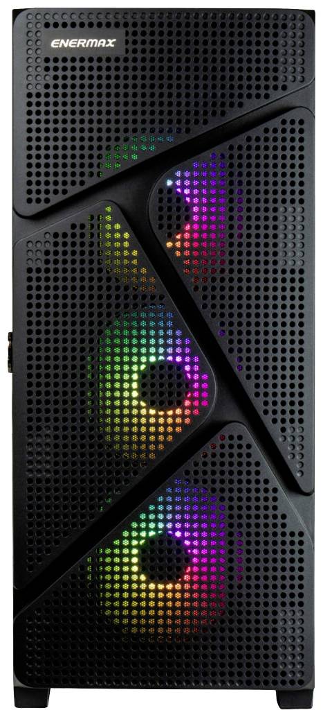 Boîtier PC noir d'Enermax avec trois ventilateurs lumineux visibles aux couleurs arc-en-ciel derrière une grille ajourée.