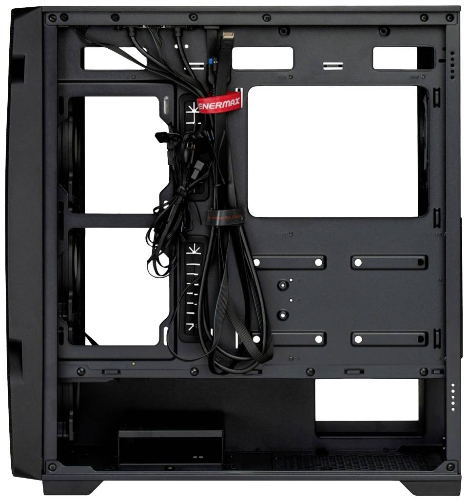 Un boîtier d'ordinateur ouvert avec plusieurs compartiments pour le matériel informatique. Les câbles sont soigneusement disposés à l'intérieur, le logo de la marque visible en haut.