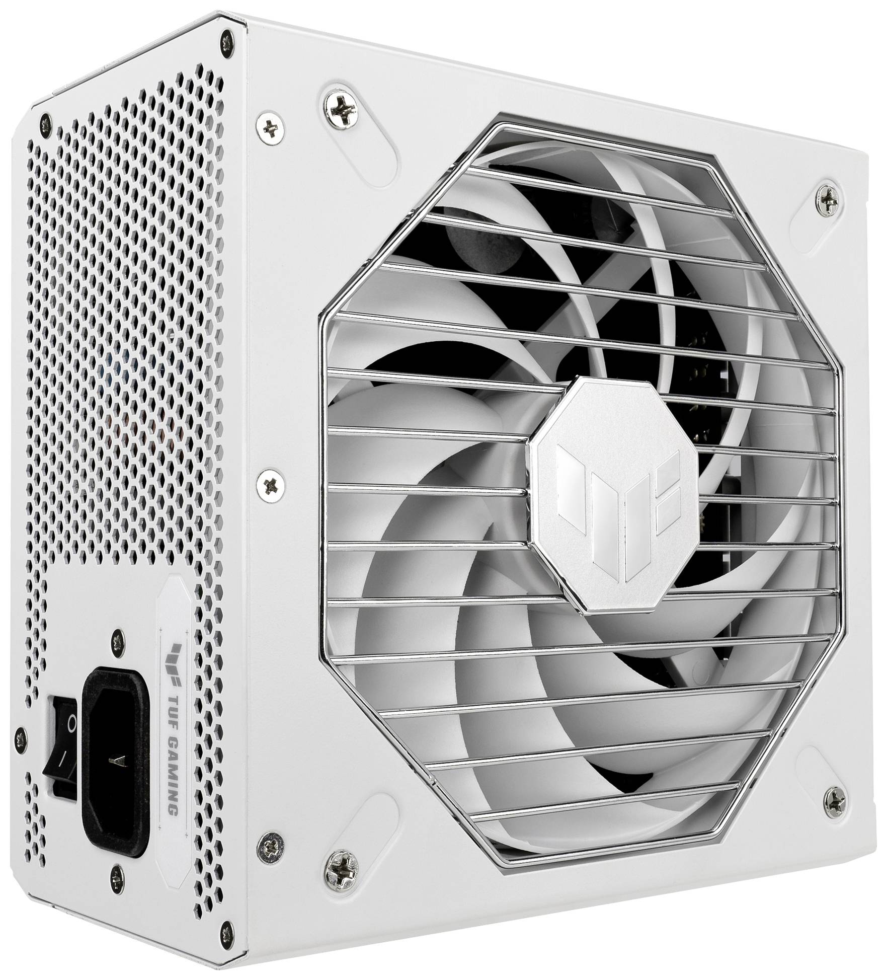 Bloc d'alimentation d'ordinateur blanc avec ventilateur et logo TUF Gaming, adapté pour le matériel informatique.