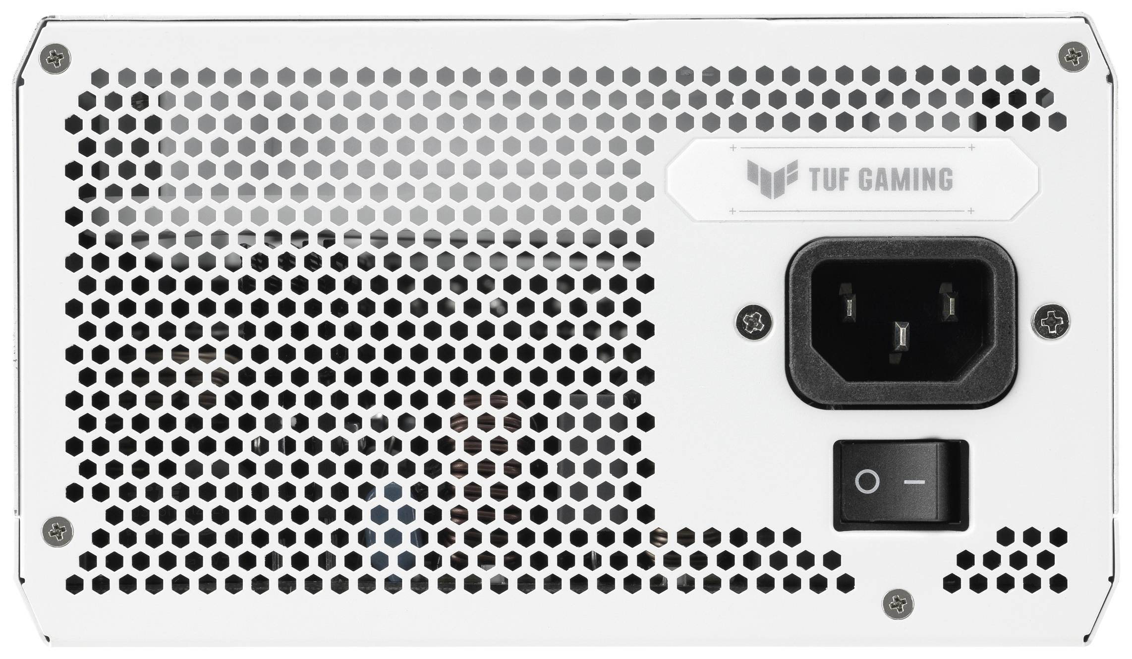 Bloc d'alimentation ASUS TUF Gaming avec ventilation en nid d'abeilles, interrupteur marche/arrêt et connexion d'alimentation à l'arrière.