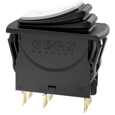 Interrupteur à bascule noir avec touche blanche, logo de marque 'E-T-A Germany' sur la face avant, montrant des broches de connexion sur la face inférieure.