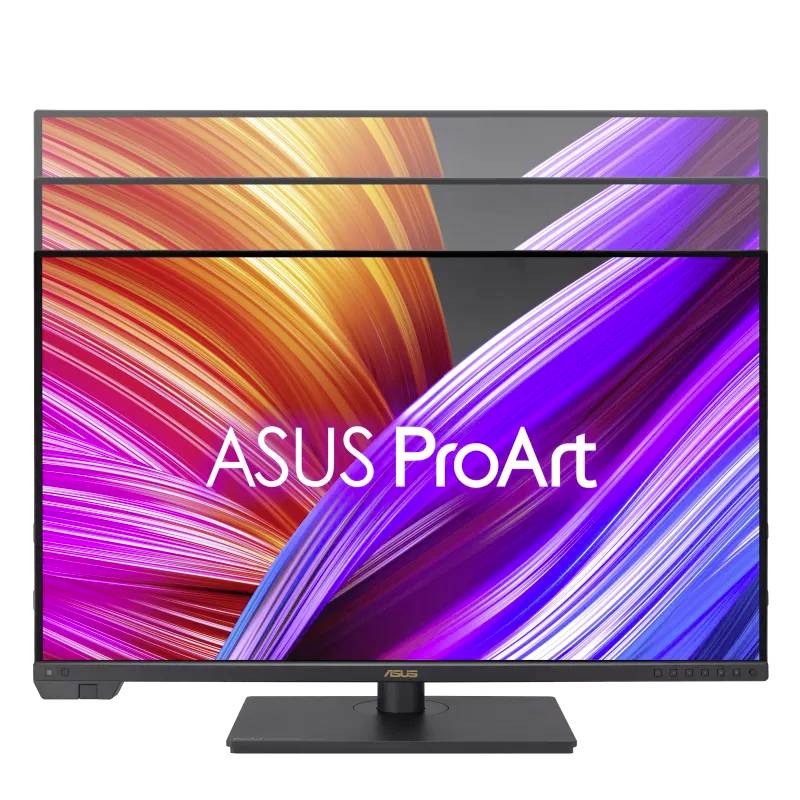 Un moniteur ASUS ProArt avec un arrière-plan dynamique composé de lignes orange, violettes et roses, conçu pour les professionnels créatifs.