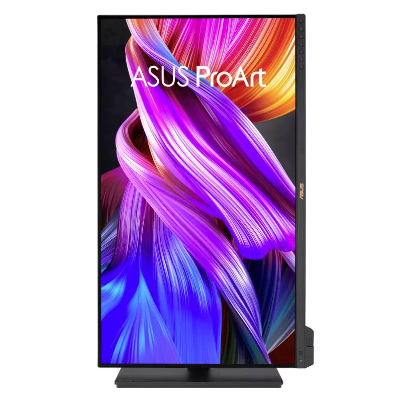 Un écran ASUS ProArt, placé verticalement, affiche une œuvre d'art abstraite aux couleurs vives de rose, de violet et de bleu.