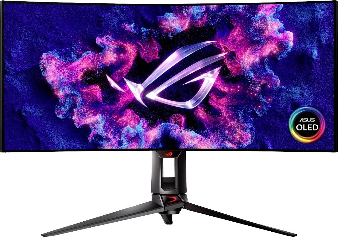 Un moniteur ASUS-ROG incurvé avec un logo lumineux. Des effets de lumière montrent des couleurs vives et colorées. Le logo de marque 'ASUS OLED' est visible.
