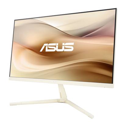 Un moniteur ASUS avec un écran incurvé et un design minimaliste et élégant. L'écran affiche un motif abstrait et ondulé.
