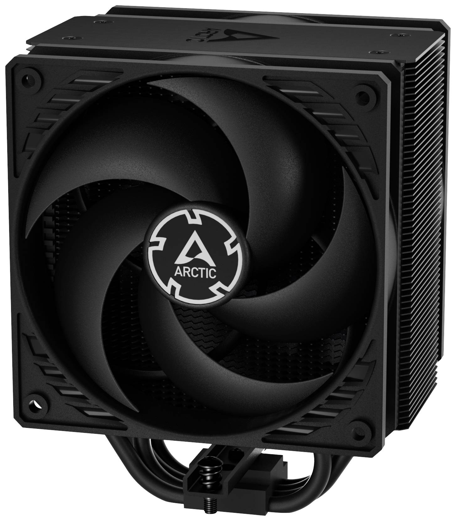 'Dissipateur thermique noir pour processeur avec ventilateur distinctif et logo Arctic, adapté pour le refroidissement de systèmes informatiques haute performance.'