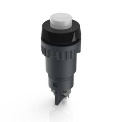 Interrupteur poussoir noir avec bouton blanc, de forme cylindrique. Contacts électriques situés à l'extrémité inférieure. Adapté pour les appareils électroniques.