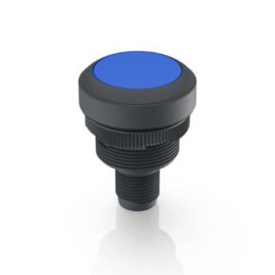 Bouton noir rond avec partie supérieure bleue, adapté aux applications industrielles ou comme élément de commande dans les appareils.