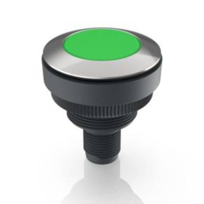 Un bouton vert sur un boîtier noir, probablement un interrupteur électrique, sur un fond blanc.