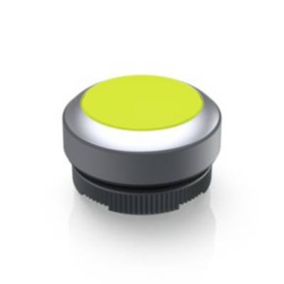 Un bouton rond jaune avec un bord gris et une base noire, vu de profil.