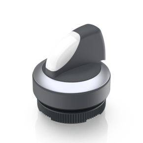 Un bouton rotatif gris et blanc pour un appareil électroménager, avec un bord strié pour une meilleure prise en main.