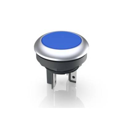 Un bouton-poussoir rond bleu avec un bord argenté et deux contacts de branchement, adapté pour les panneaux de commande d'appareils.