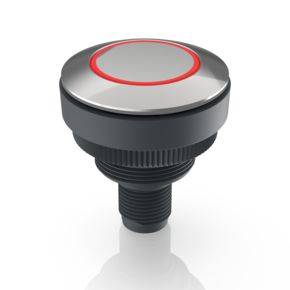 Un bouton-poussoir rond gris et rouge avec une finition métallique lisse et brillante et un filetage sur sa face inférieure.