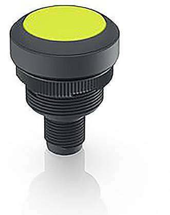 Bouton poussoir noir avec capuchon jaune, adapté pour les panneaux de commande industriels.