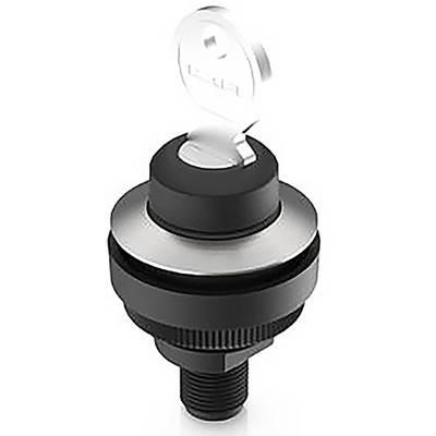 Sonnette de vélo au design épuré et moderne, en noir et argent, présentant un capuchon fermé avec un petit levier.