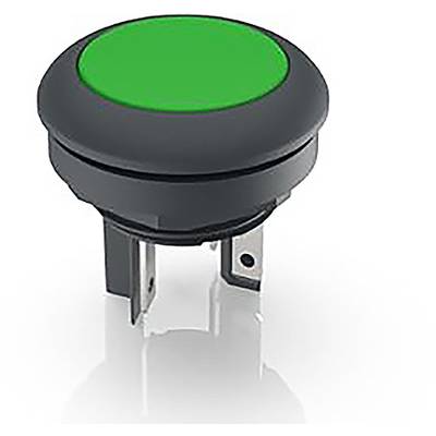 Un bouton rond de couleur verte avec un bord noir et des pinces métalliques à sa base, adapté pour les circuits électroniques.