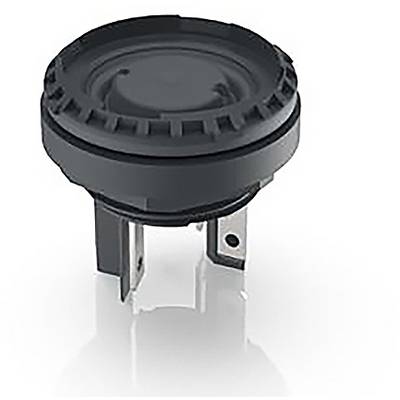 Bouton-poussoir noir cylindrique avec éléments métalliques, adapté pour les appareils électroniques et les commandes de machines.