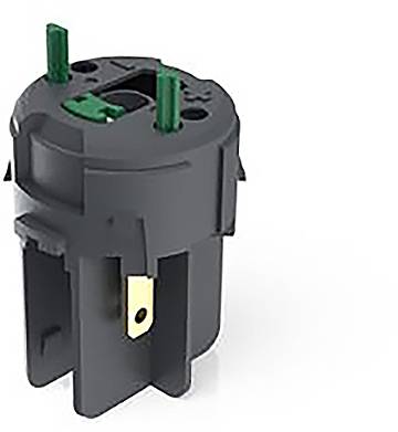 Un adaptateur électrique rond noir avec trois broches enfichables vertes et une pince de fixation dorée.