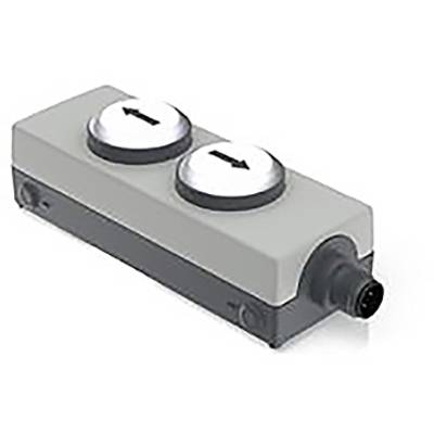Un interrupteur rectangulaire gris avec deux boutons blancs, chacun imprimé avec une flèche noire.