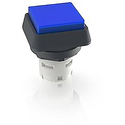 Un bouton carré bleu sur un socle blanc. Le bouton est entouré d'un cadre noir.
