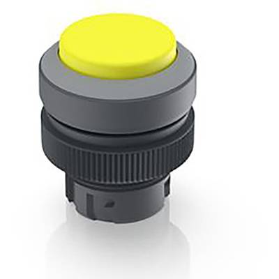 Bouton-poussoir jaune avec boîtier noir, couramment utilisé dans des applications industrielles pour le contrôle de machines ou d'équipements.