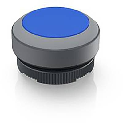 Un bouton rond en plastique gris avec une surface bleue, adapté pour le montage sur un appareil. Idéal pour les panneaux de commande de machines.