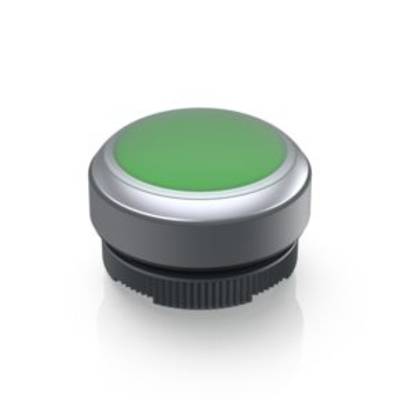 Un bouton-poussoir vert avec un bord métallique sur un fond blanc.