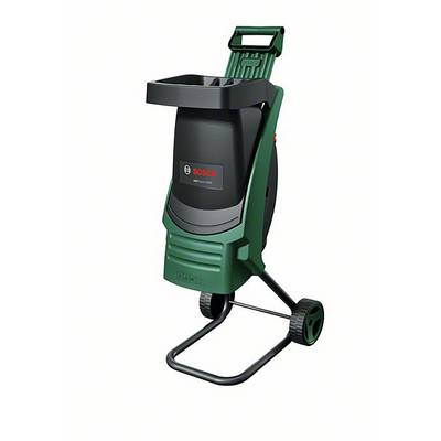 Un broyeur de jardin vert de marque Bosch, monté sur roues, est positionné verticalement. Adapté pour broyer des branches et des déchets de jardin.