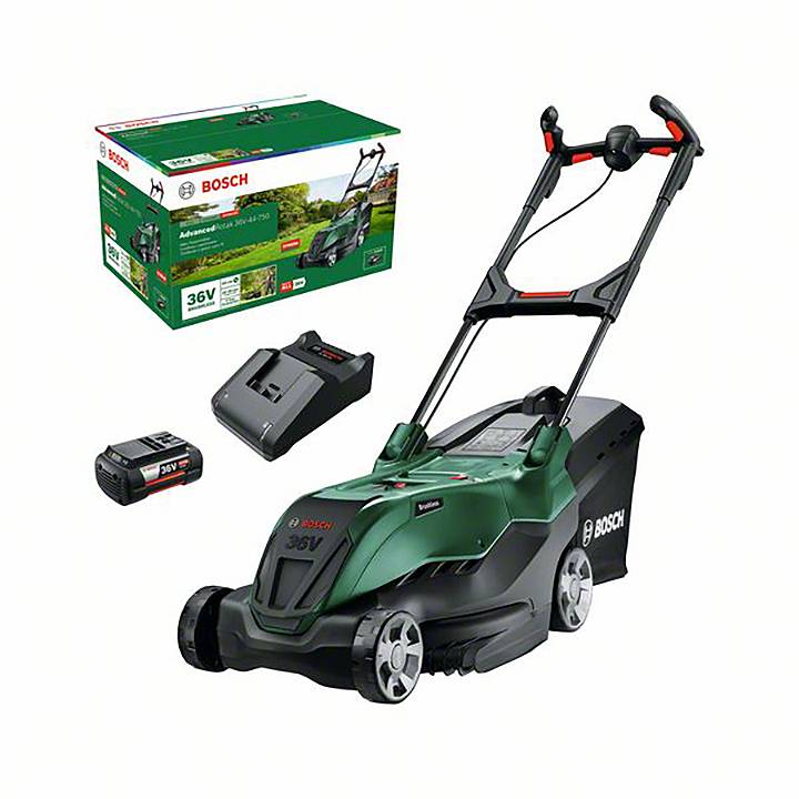 Tondeuse à gazon Bosch avec batterie 36V, chargeur et emballage en arrière-plan.