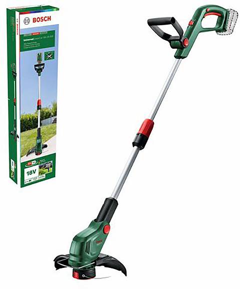 Un coupe-bordure Bosch vert avec un long manche et une batterie ; fourni dans un emballage représenté à gauche. Idéal pour des bordures de pelouse précises.