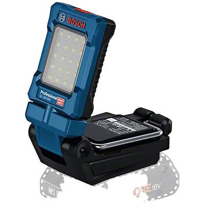 Lampe de travail LED 'Bosch Professional' avec boîtier bleu, modèle GLI 18V-300, dépliée et montrant plusieurs lampes LED.