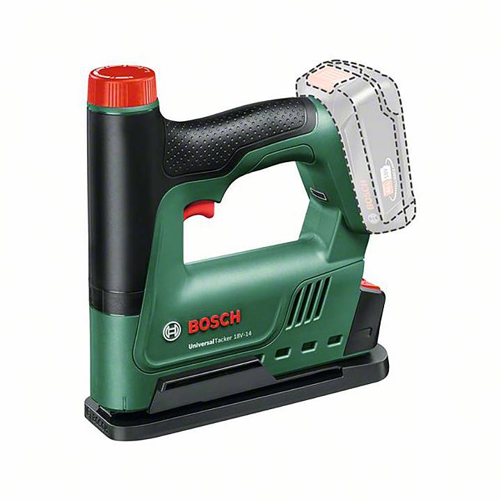 Un cloueur Bosch UniversalTacker 18V-14 vert avec un détail rouge et un compartiment de batterie vide. L'appareil fonctionne sans fil.
