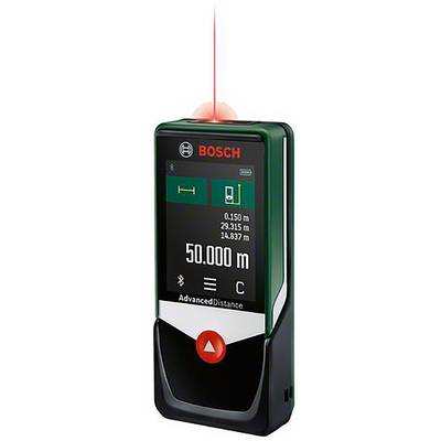 Le télémètre laser 'Bosch' affiche une distance de 50 000 m. L'écran comprend les unités de mesure, le symbole Bluetooth et l'indicateur de batterie.