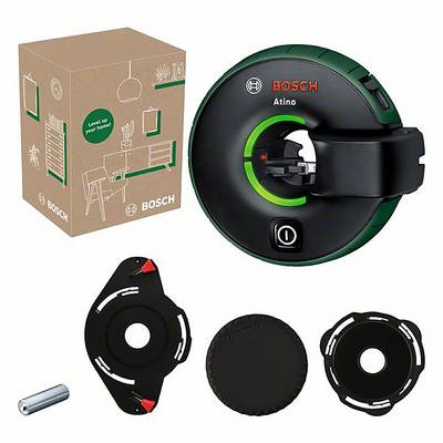 L'image montre le set Bosch Atino comprenant un niveau laser, une boîte, une batterie, deux plaques de support et un couvercle de protection.