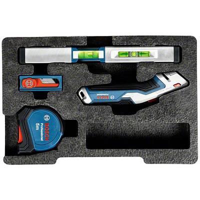 Ensemble d'outils dans une mousse de protection comprenant un niveau à bulle, un télémètre, un laser et un mètre ruban, tous portant le logo Bosch.