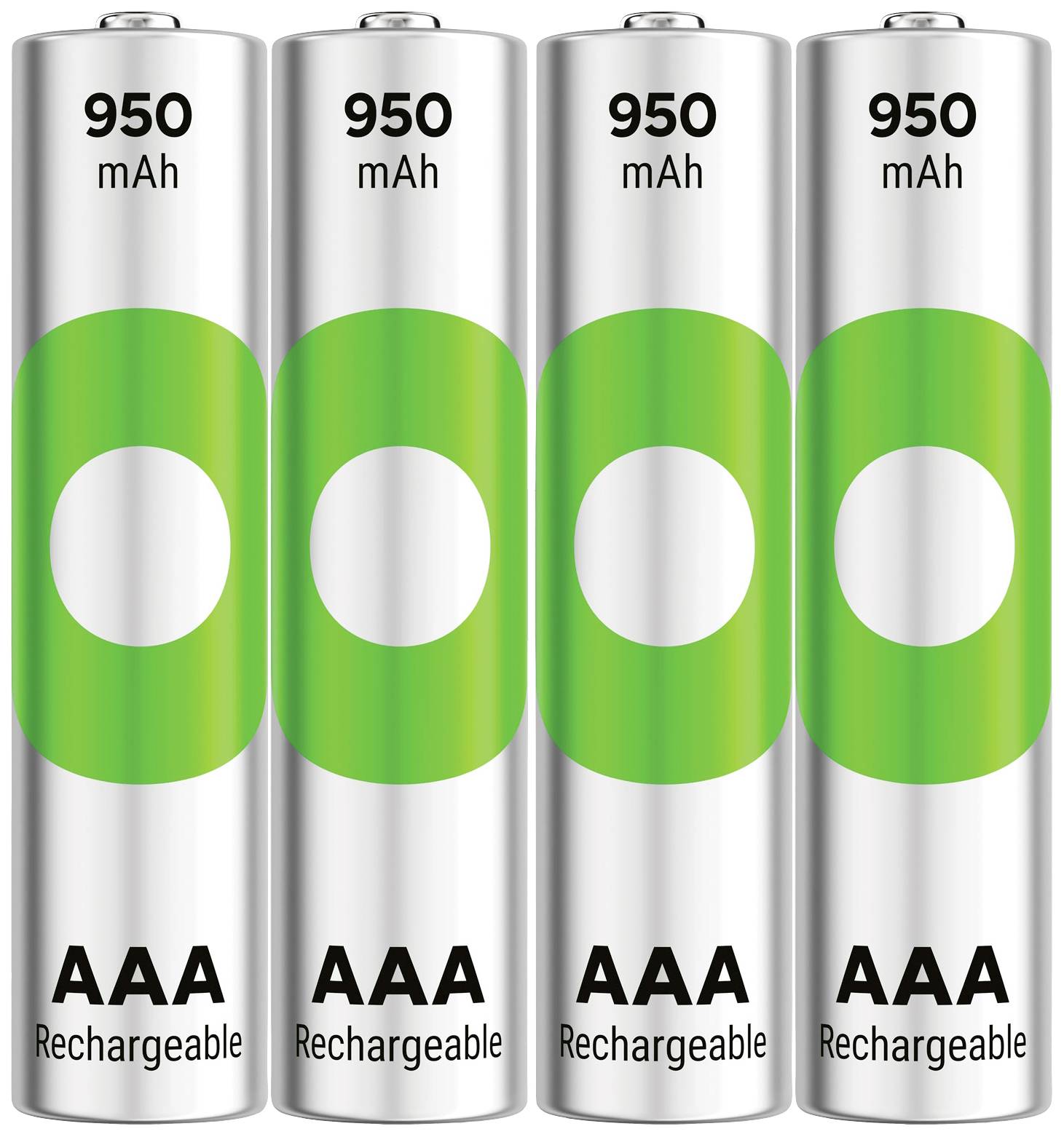 Quatre piles AAA rechargeables d'une capacité de 950 mAh, disposées côte à côte.