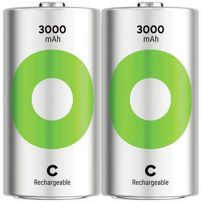 Deux piles rechargeables C de 3000 mAh, avec un boîtier argenté et un cercle vert au centre.