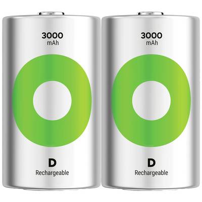 Deux batteries rechargeables D argentées de 3000 mAh avec un marquage vert sur un fond blanc.