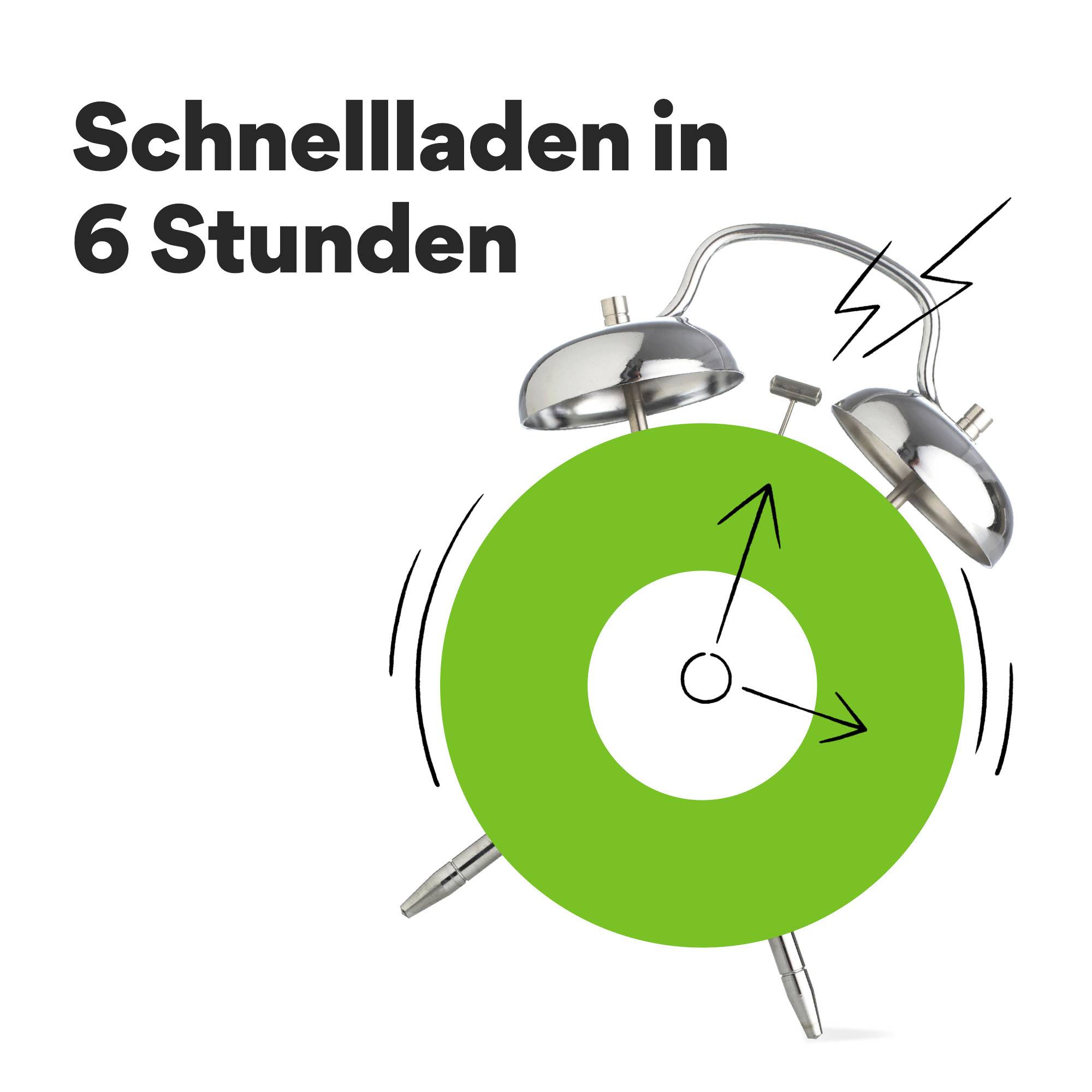 Cercle vert avec aiguille d'horloge et diagramme énergétique symbolisant une charge rapide. Texte : « Charge rapide en 6 heures. » Symbolique de réveil.